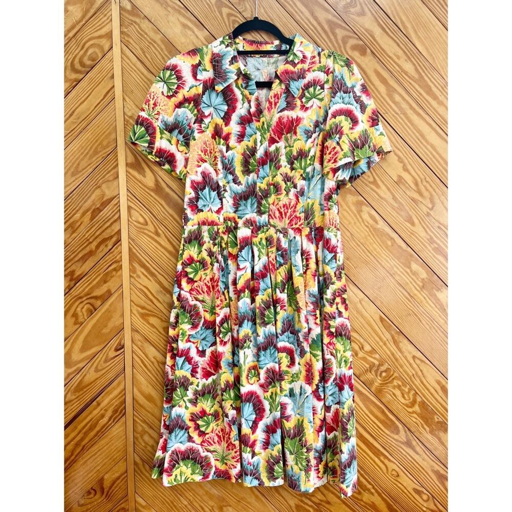 Vintage Multi Floral Print Pleated Shirt Dress